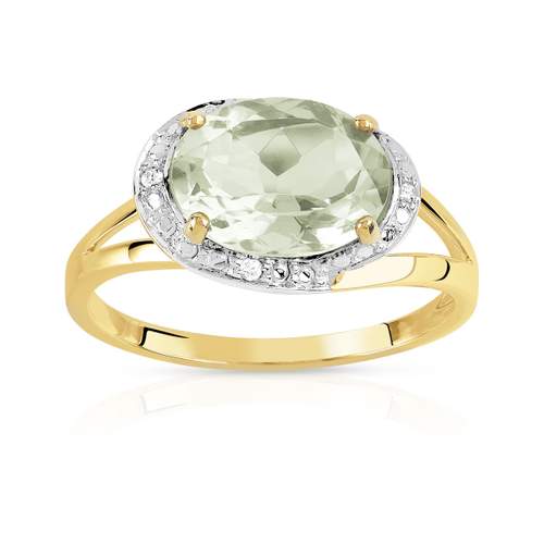 Gold ring 375 2 tones green oval quartz and diamonds