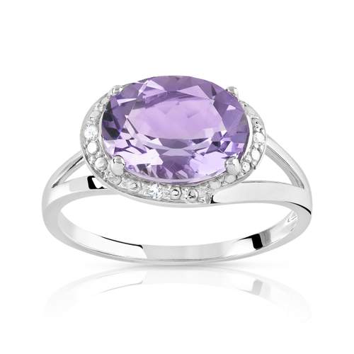 Bague or 375 blanc améthyste ovale et diamants