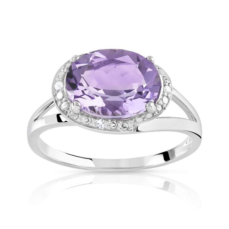 Bague or 375 blanc améthyste ovale et diamants - vue 1