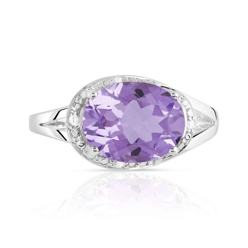 Bague or 375 blanc améthyste ovale et diamants - vue 3