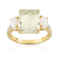 Bague or 375 jaune quartz vert et opale et diamant