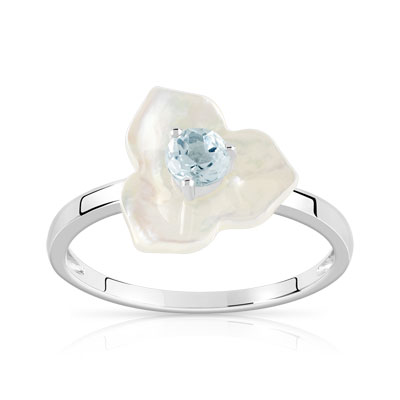 Bague or 375 blanc topaze bleue traitée et nacre - vue V1