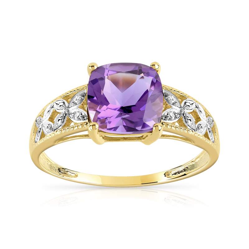 Bague or 375 2 tons améthyste carrée et diamants - vue 1