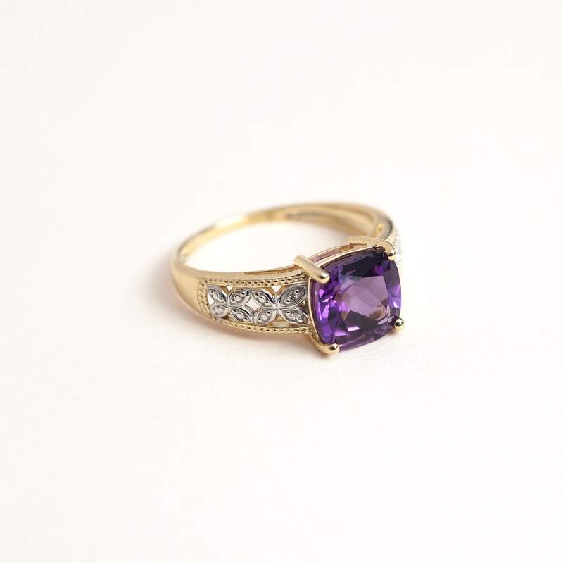 Bague or 375 2 tons améthyste carrée et diamants - vue D3