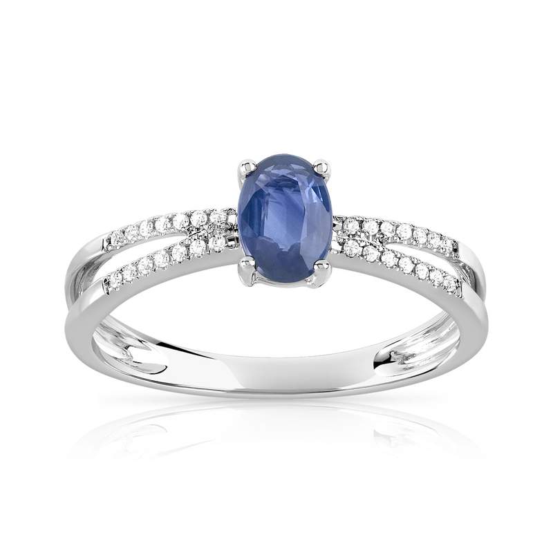 Bague or 375 blanc saphir ovale et diamants - vue 1