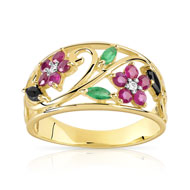Bague or 375 2 tons saphir et rubis et émeraude et diamant