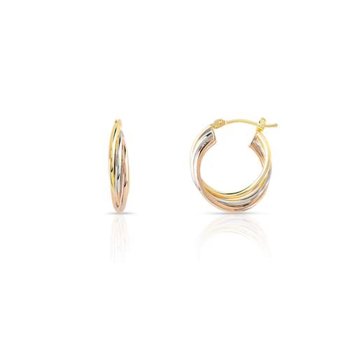 375 gold hoop earrings, 3 tones, 15mm