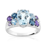 Bague or 375 blanc topaze bleue et iolite et diamant