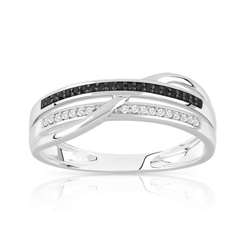 Bague or 375 blanc triple anneau diamants noirs traités et diamants blancs