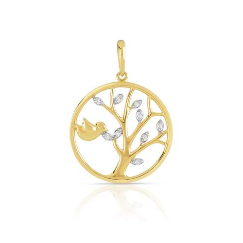 Pendentif or 375 2 tons oiseau et arbre diamants