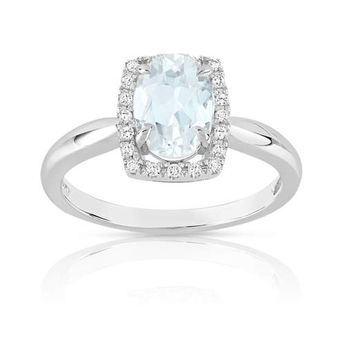 Bague or 375 blanc aigue-marine ovale et diamants