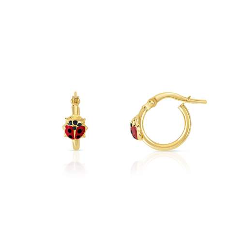Gold hoop earrings 375 yellow ladybug lacquered