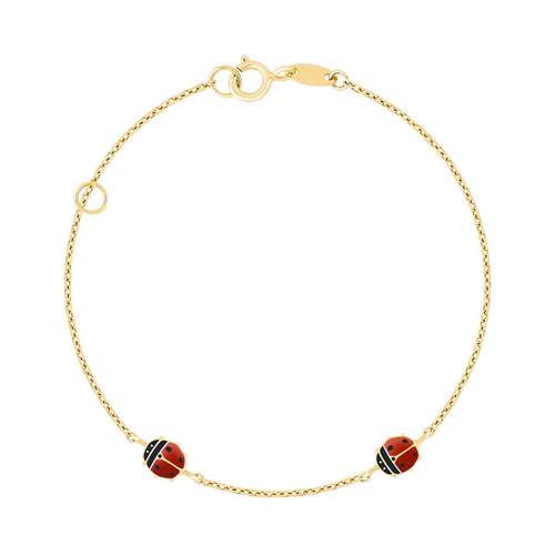Bracelet or 375 jaune coccinelles laque rouge et noire 15 cm