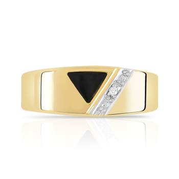 Gouden zegelring 375, tweekleurig, driehoekige onyx en diamant