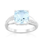 Bague or 375 blanc topaze bleue traitée carrée et diamants - vue 1