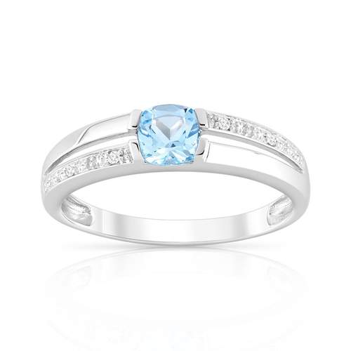 Bague or 375 blanc topaze bleue traitée et diamants