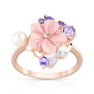 Bague or 375 rose pierre fine perle diamant et nacre