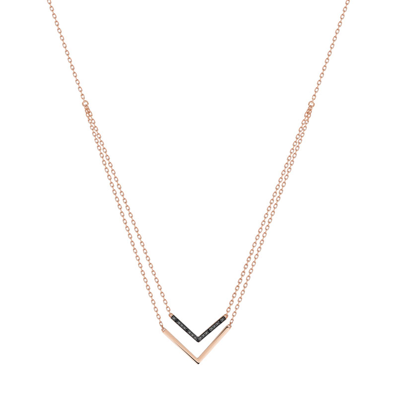 375 rose gold double-strand 'V' necklace with treated black diamonds, 45 cm