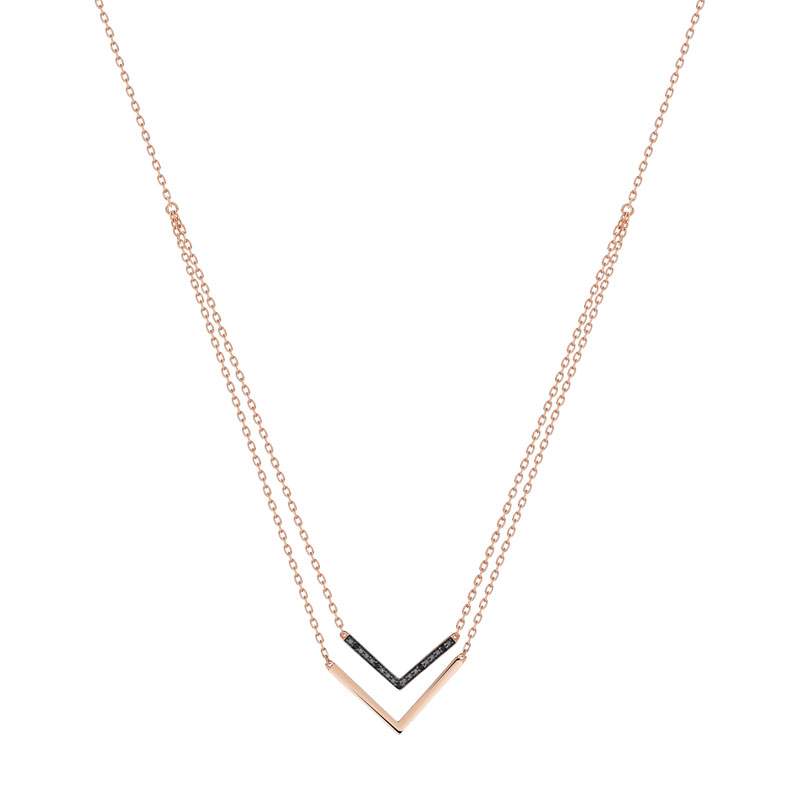 Collier or 375 rose double rang 'V' diamants noirs traités 45 cm - vue 1