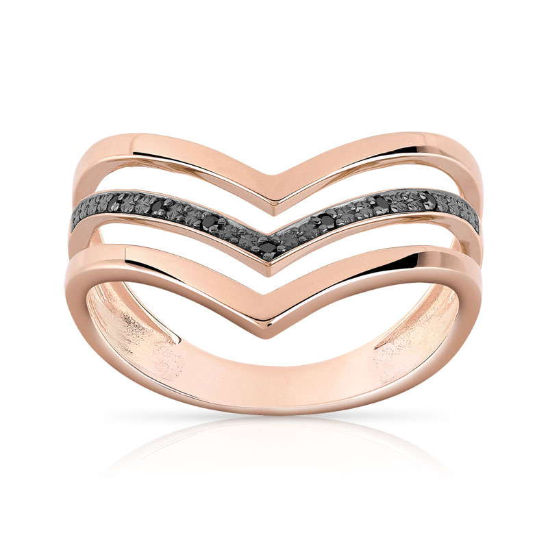 Bague or 375 rose 'V' diamants noirs traités