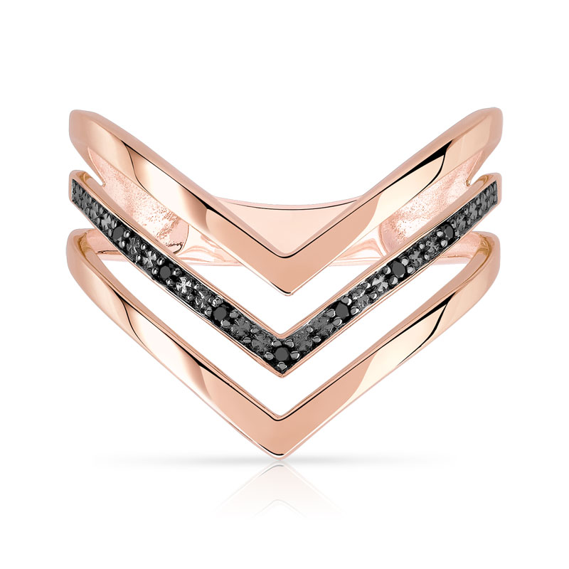 Bague or 375 rose 'V' diamants noirs traités - vue 3