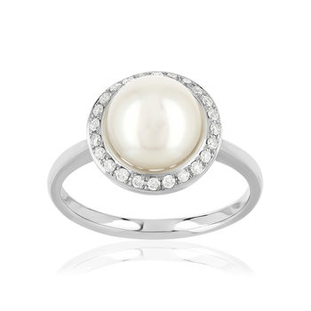 Ring gold 750 white Japanese cultured pearl diamond
