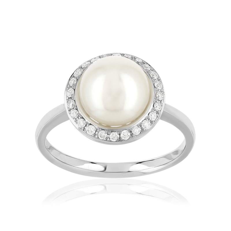Bague or 750 blanc perle de culture du Japon diamant - vue 1