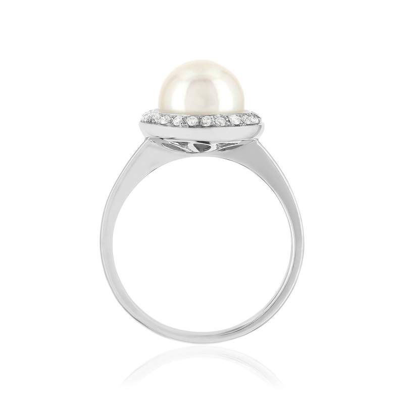 Bague or 750 blanc perle de culture du Japon diamant - vue 2