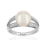Bague or 750 blanc perle de culture du Japon diamant - vue 1