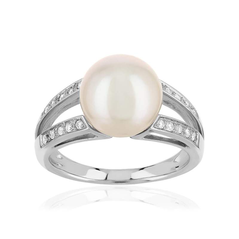 Bague or 750 blanc perle de culture du Japon diamant - vue 1