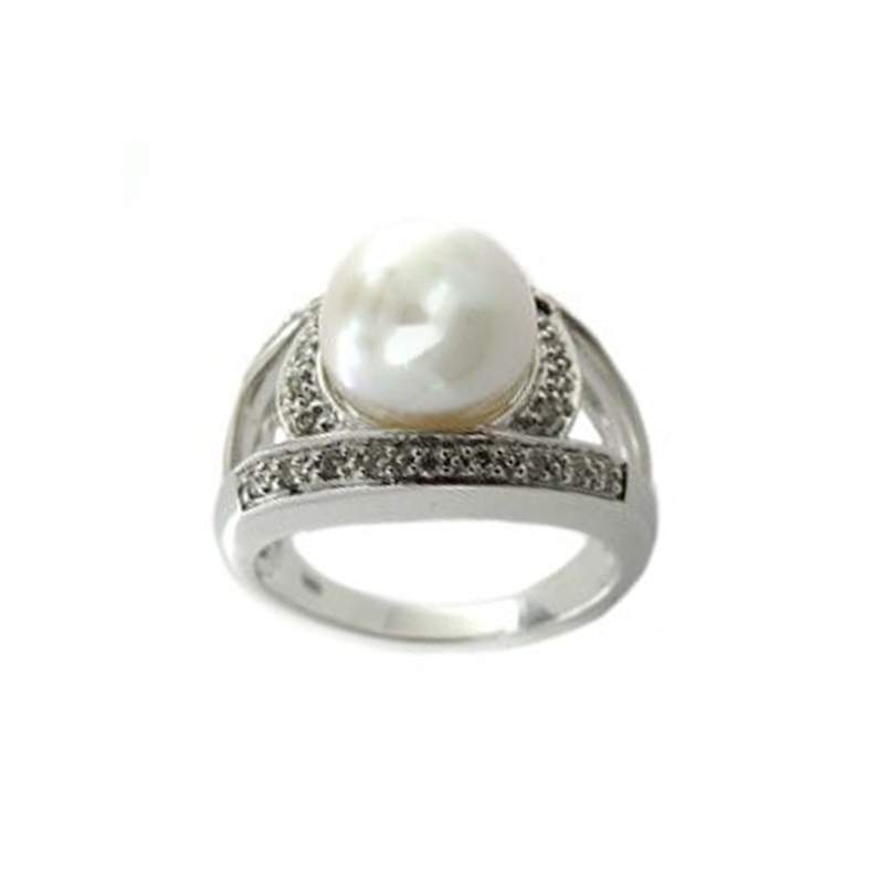 Bague or 750 blanc perle de culture du Japon diamant - vue 1