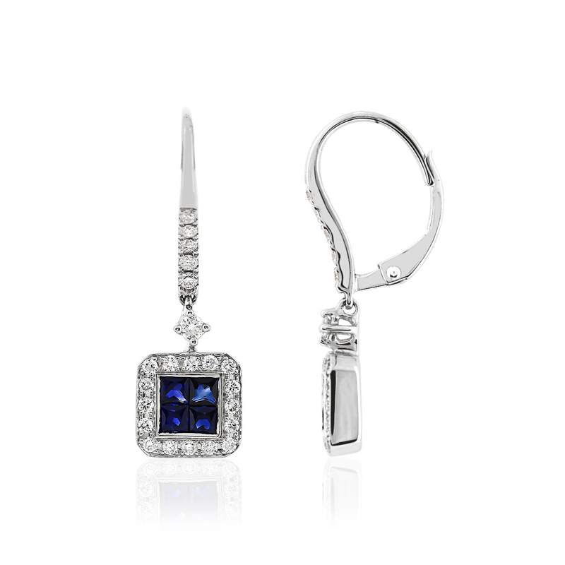 Boucles d'oreilles or 750 blanc saphir diamant - vue 1