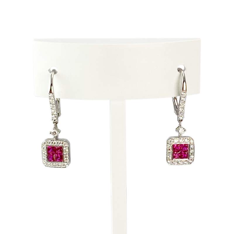 Boucles d'oreilles or 750 blanc rubis diamant - vue 1