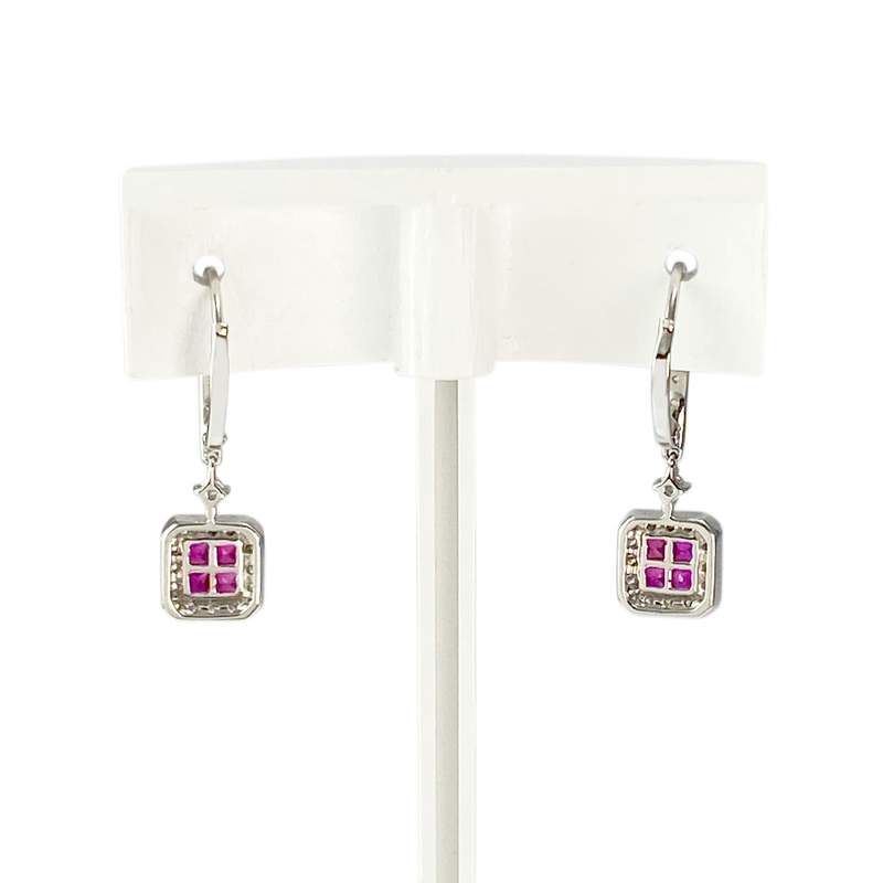 Boucles d'oreilles or 750 blanc rubis diamant - vue 3