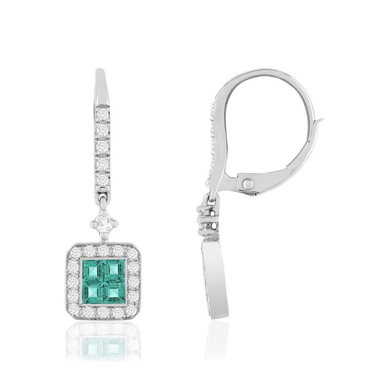Boucles d'oreilles or 750 blanc emeraude diamant - vue 1