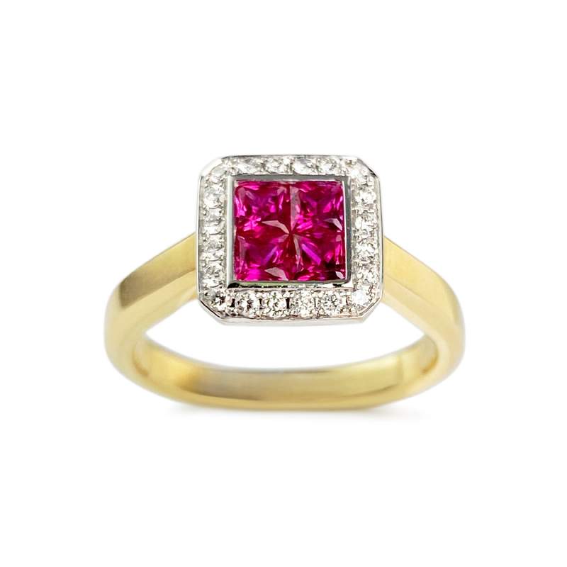 Bague 2 ors 750 rubis diamant - vue 1