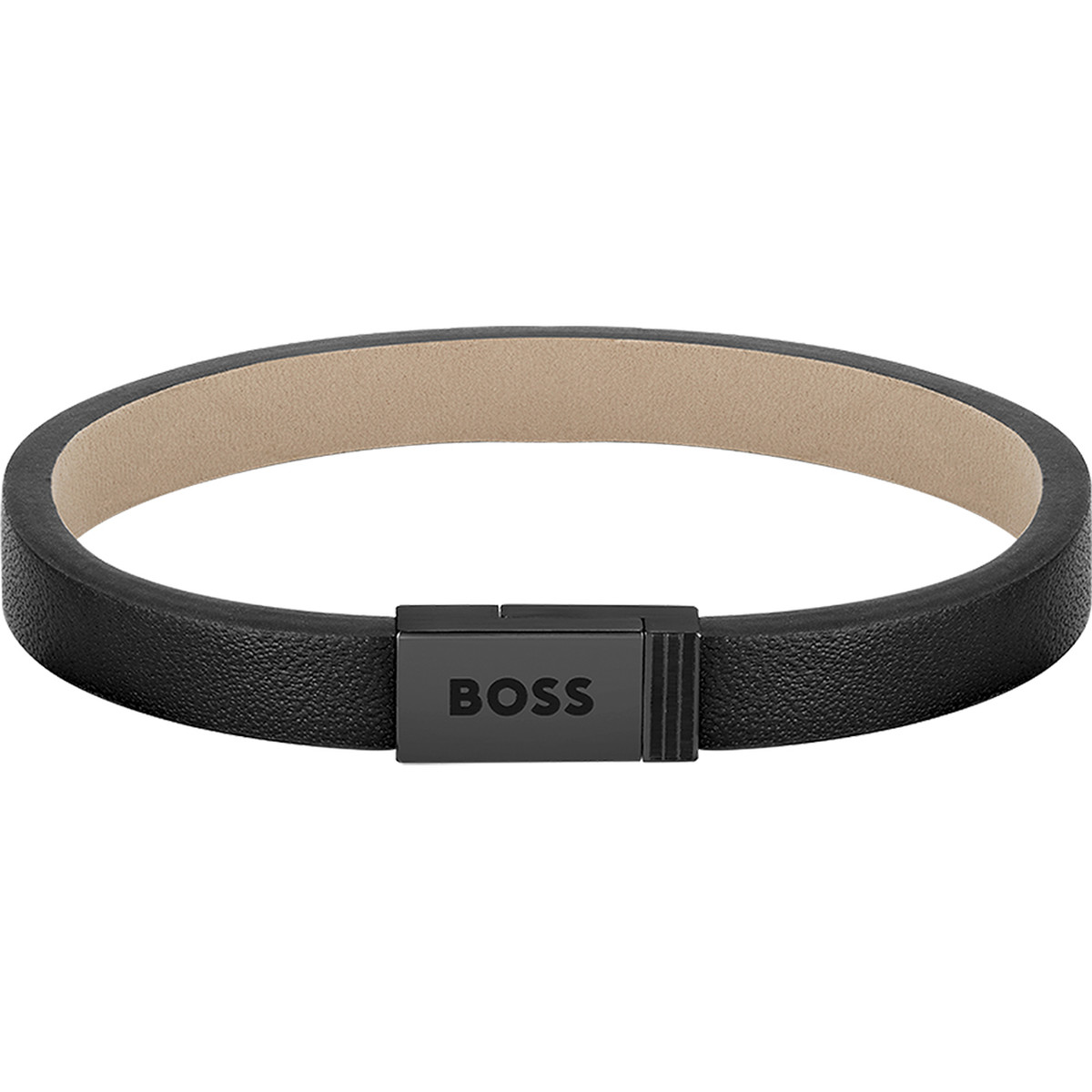 Bracelet homme Boss acier noir cuir noir 17,5 cm