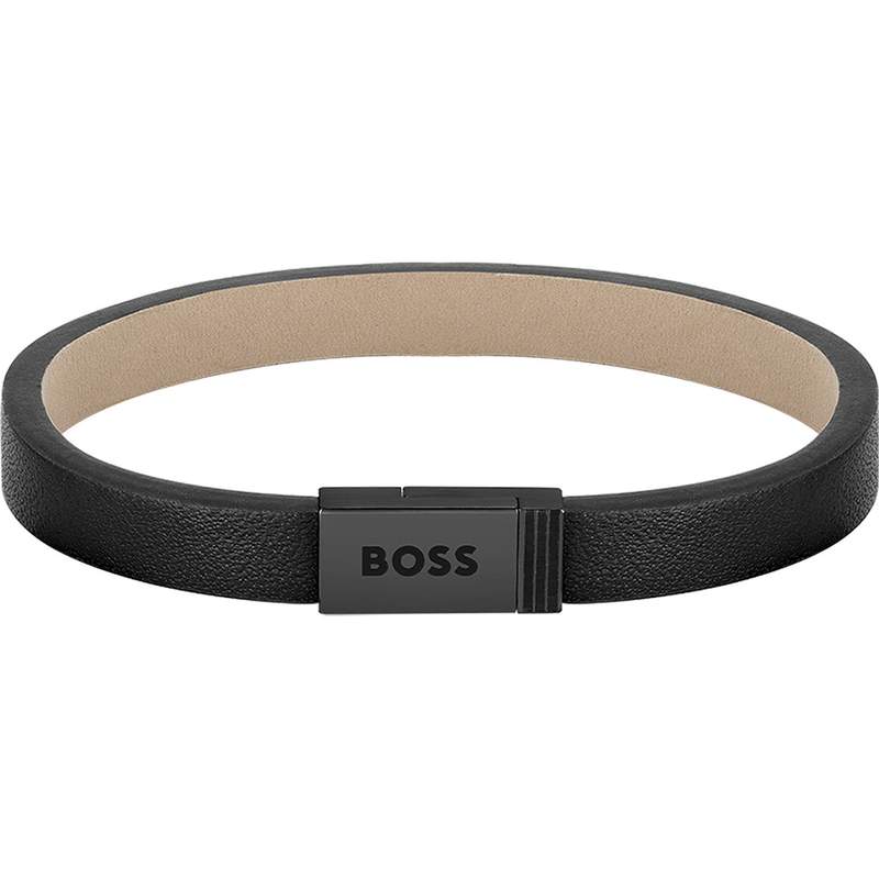 Bracelet homme Boss acier noir cuir noir 17,5 cm - vue 1