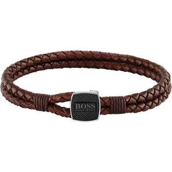 Bracelet homme Boss cuir marron acier noir 19 cm