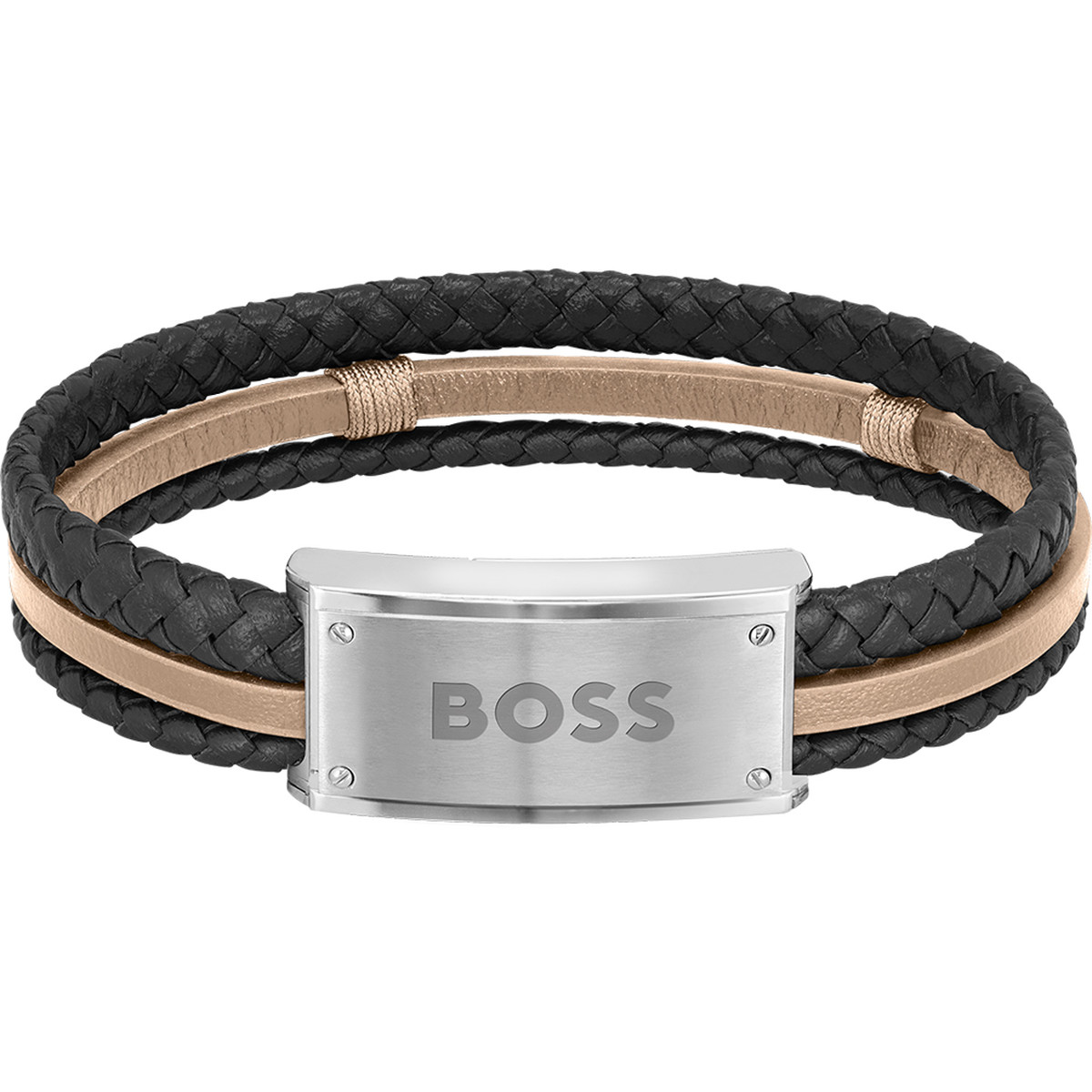 Bracelet Boss cuir noir marron acier 19,5 cm