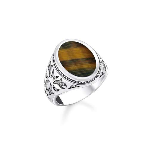 Chevalière THOMAS SABO argent 925 oeil de tigre bleu et or