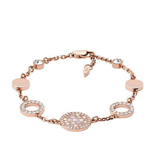 FOSSIL roestvrij stalen armband met roze parelmoer en kristallen 20 cm