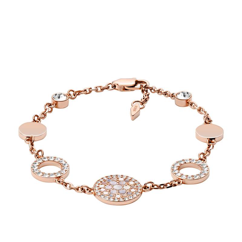 Bracelet FOSSIL acier inoxydable doré rose nacres et cristaux 20 cm - vue 1