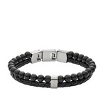 Bracelet FOSSIL acier inoxydable cuir et agates noires 19,5 cm - vue 1