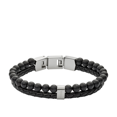Bracelet FOSSIL acier inoxydable cuir et agates noires 19,5 cm
