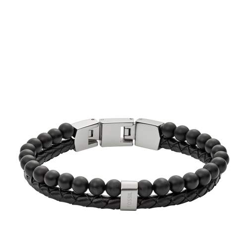 FOSSIL stainless steel leather and black agate bracelet 19.5 cm