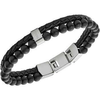 Bracelet FOSSIL acier inoxydable cuir et agates noires 19,5 cm