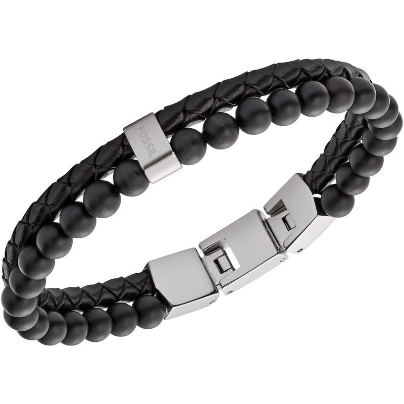 Bracelet FOSSIL acier inoxydable cuir et agates noires 19,5 cm - vue D1