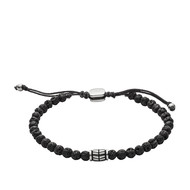 Bracelet FOSSIL acier cordon noir et pierres de laves noires.