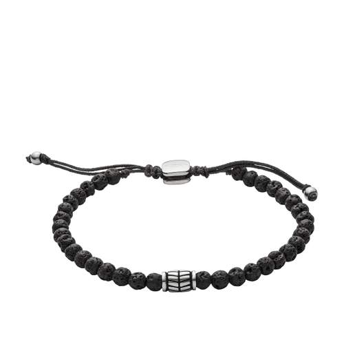 FOSSIL stalen armband met zwart koord en zwarte lavastenen.